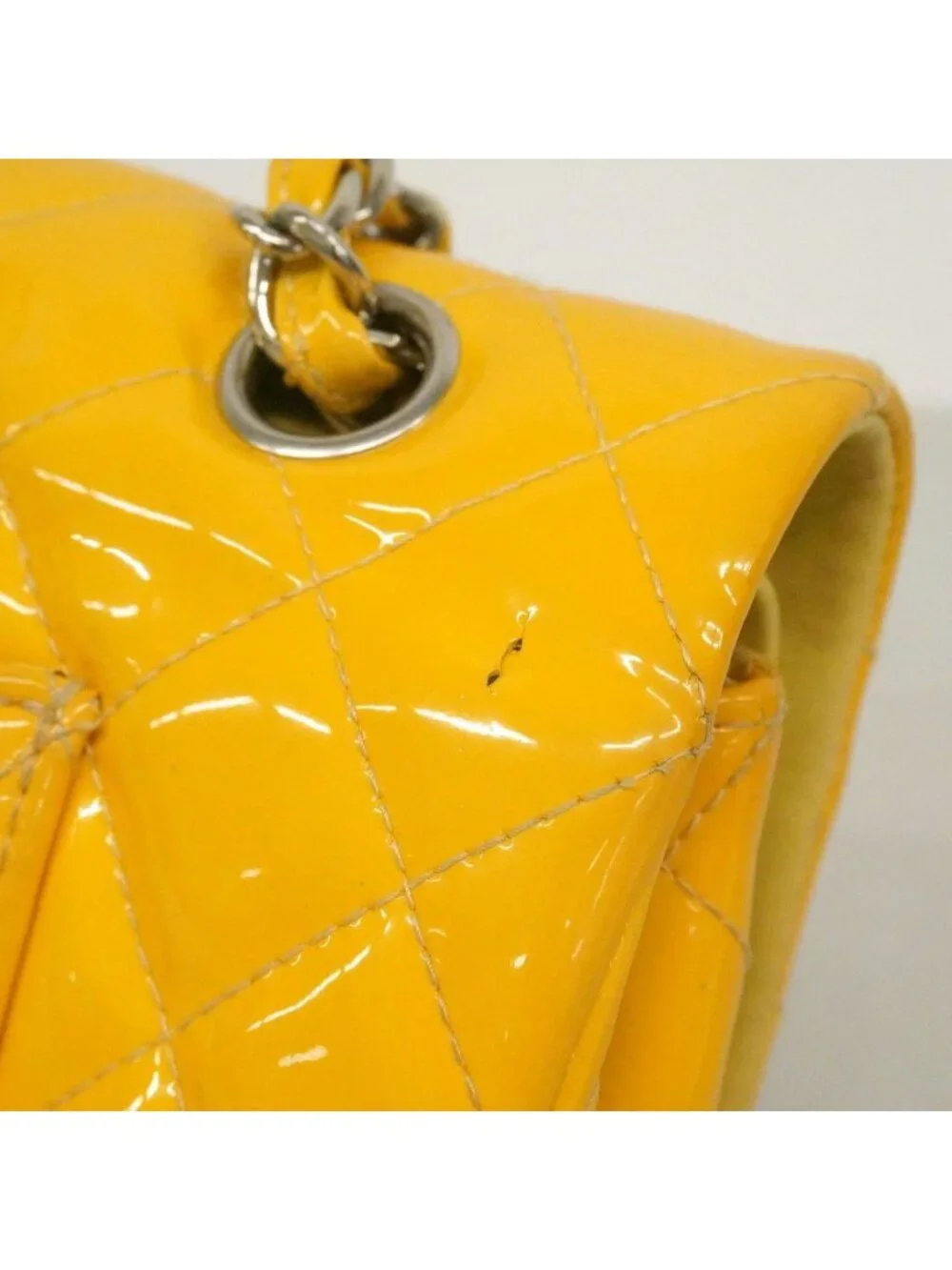 Chanel Shoulder Bag Quilted Patent Leather Yellow Silver